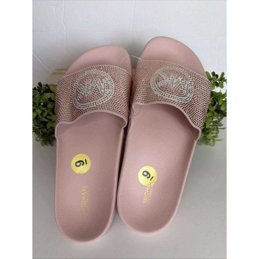 Michael Kors MK Jett Charm Crystal Slide Sandals Pink Rose Gold Women's Sz 9 New
